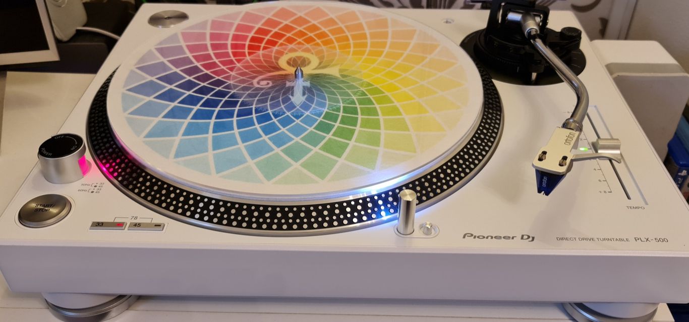 Large image of Pioneer PLX 500 turtable with a Prince love symbol,Rainbow Children slip mat
